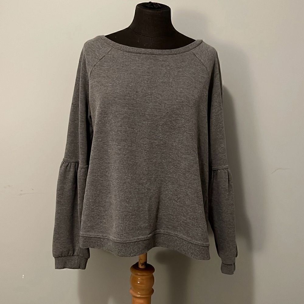 Women's Gray Pullover Crew Neck Long Puffed Sleeve Tops Size Large - Picture 1 of 7